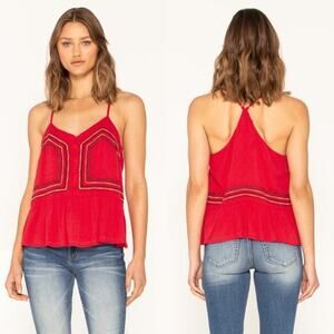 MISS ME • Red Embroidered Ruffle V-Neck Tank Top